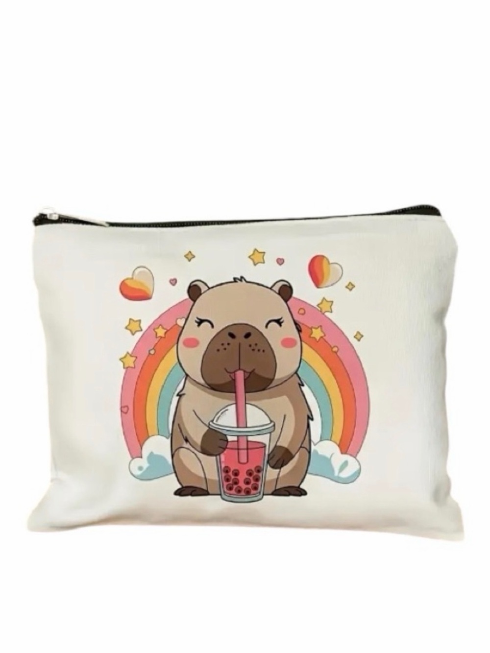 Capybara Bubble Tea Rainbow Makeup Bag Travel Toiletries Pencil Case Pouch NWOT